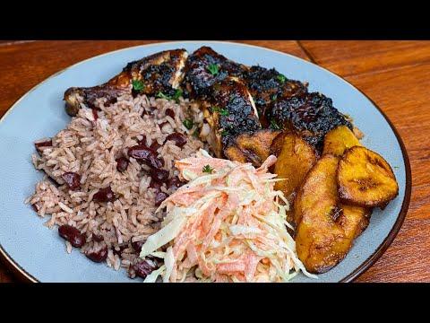 Delicious Jamaican Cooking: Oven Jerk Chicken, Rice & Peas, Coleslaw, and Plantains