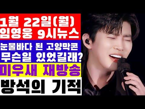 임영웅 9시뉴스(1월 22일) - 눈물바다가 된 고양 먁콘, 무슨 일 있었길래? 눈물의 선글라스, 미우새 재방송 시간, 임영웅 방석의 기적?